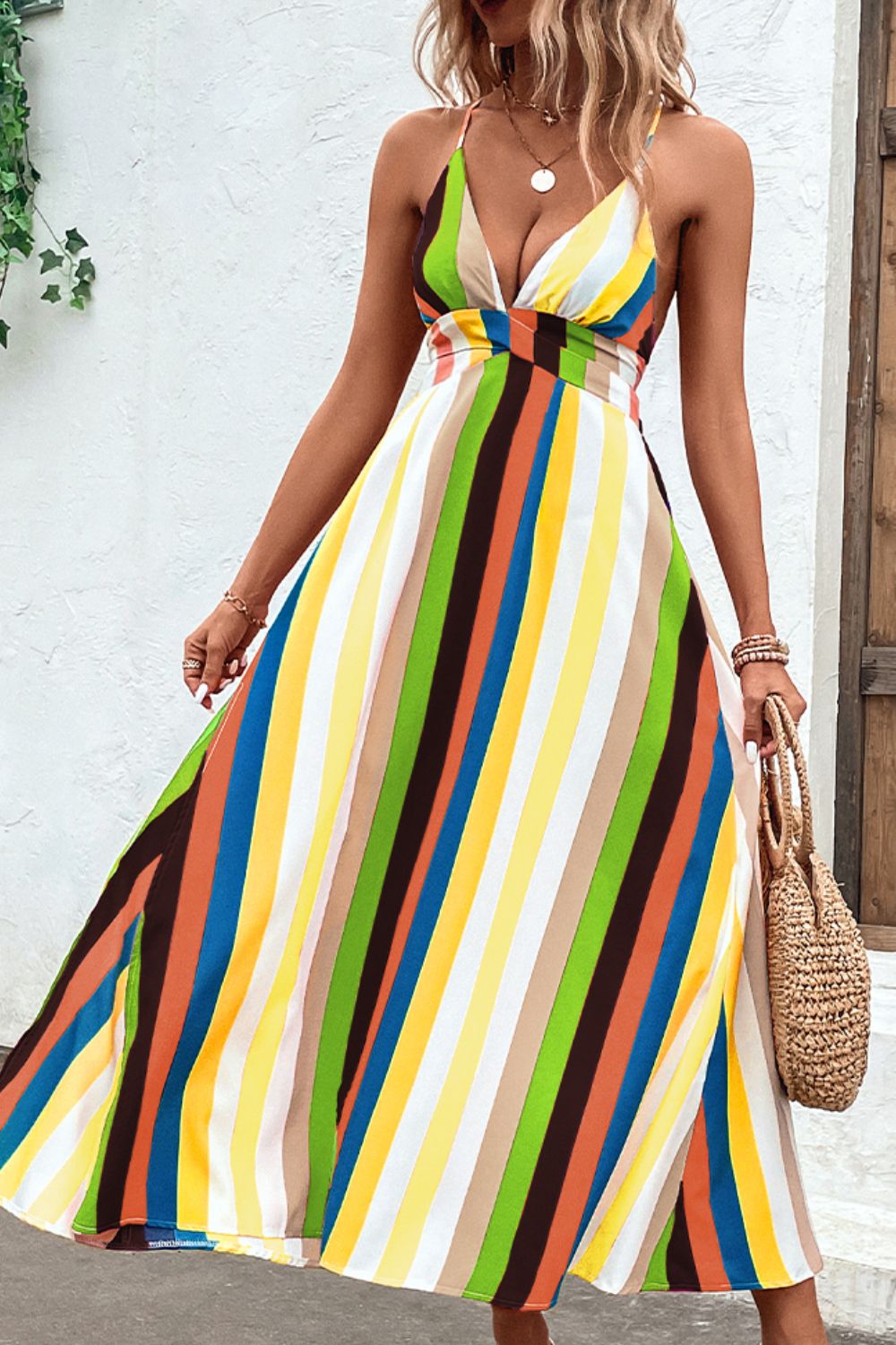 Multicolored Stripe Crisscross Backless Dress - Yellow/Green / XL Wynter 4 All Seasons