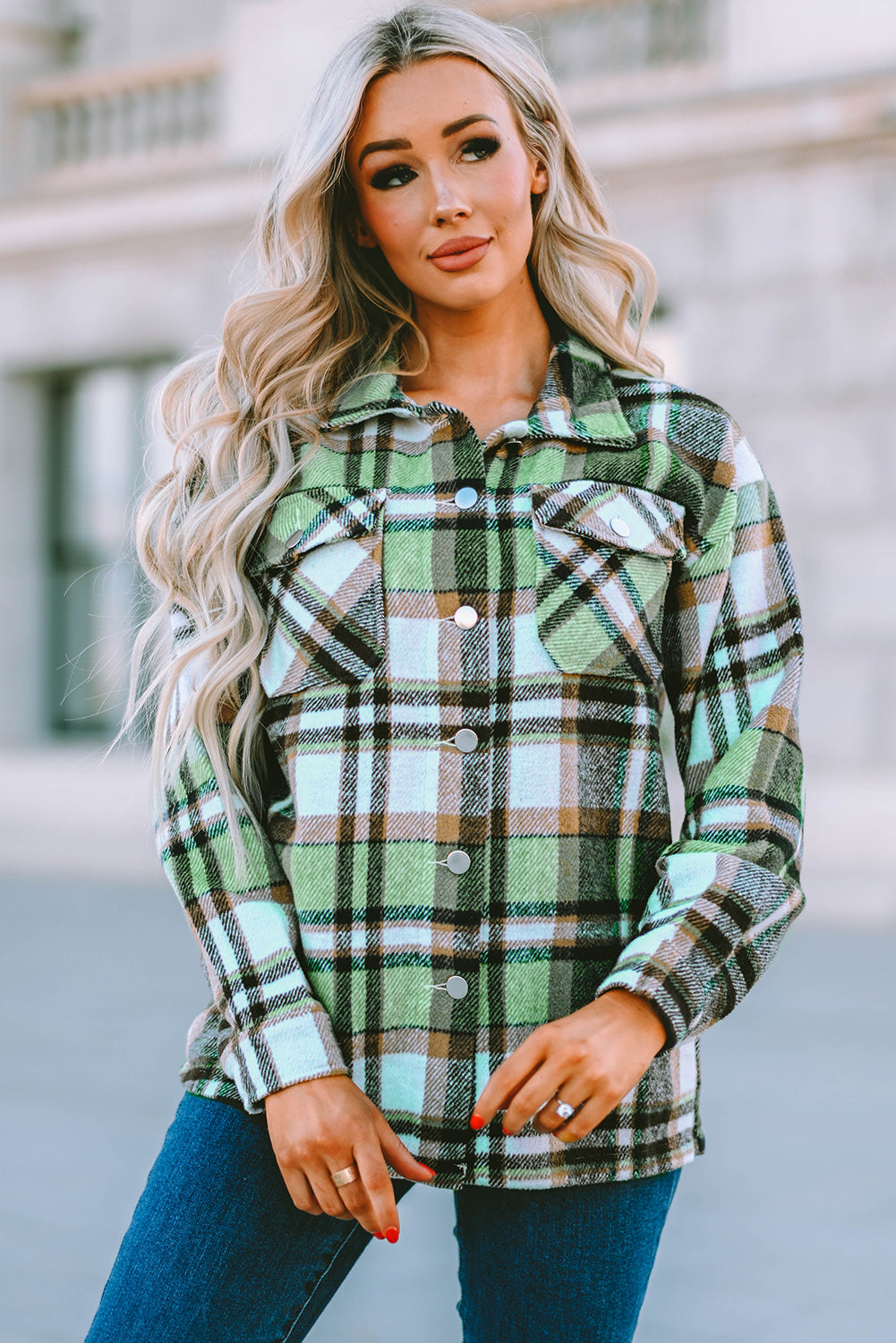 Plaid Pocketed Button Down Shacket - Green / S Wynter 4 All Seasons