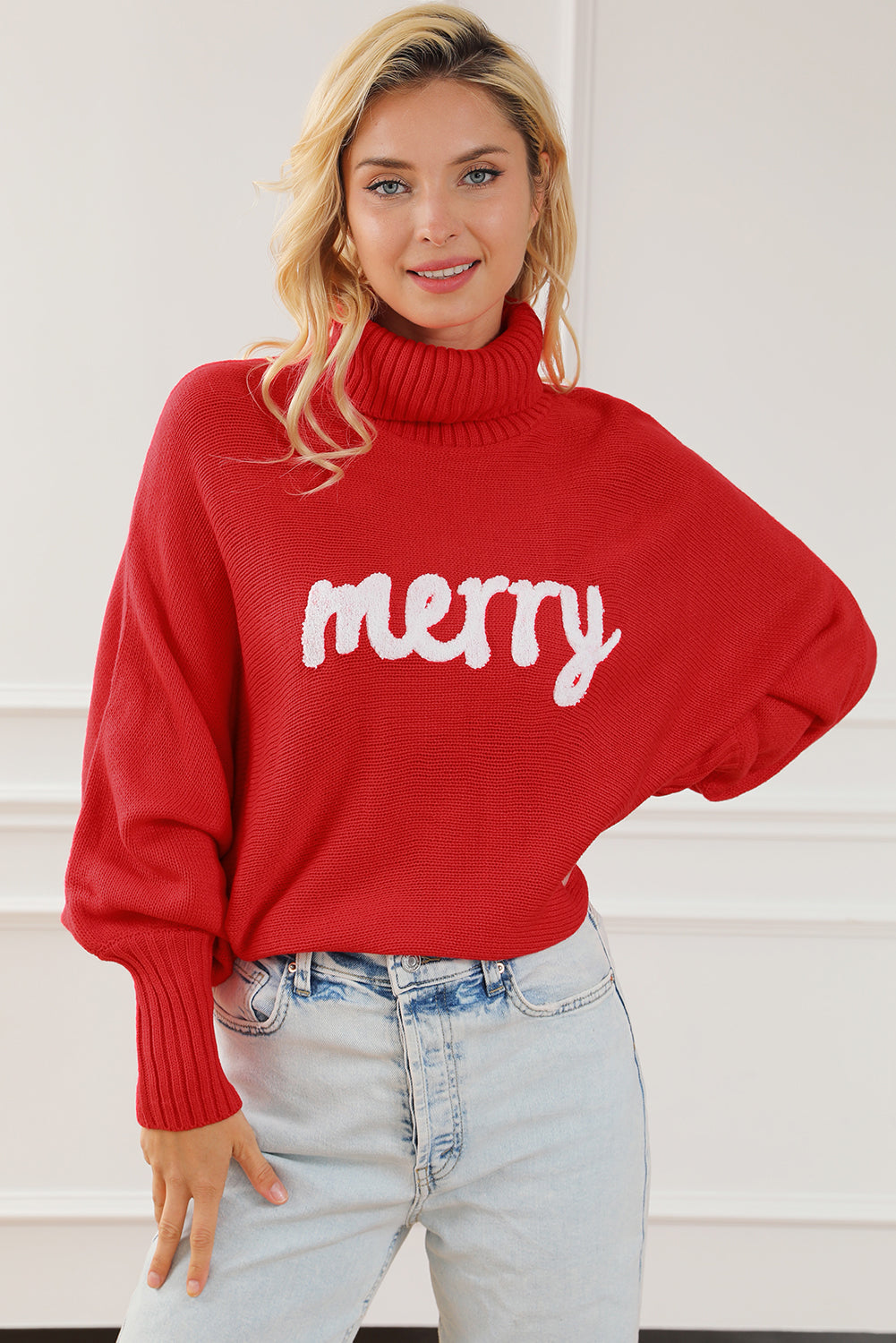 Merry Letter Embroidered High Neck Sweater - Red / XL Wynter 4 All Seasons