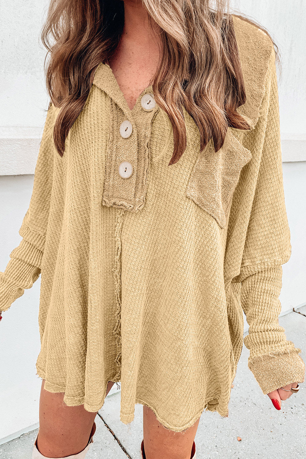 Waffle Knit Buttoned Long Sleeve Top with Breast Pocket - Sand / L Wynter 4 All Seasons