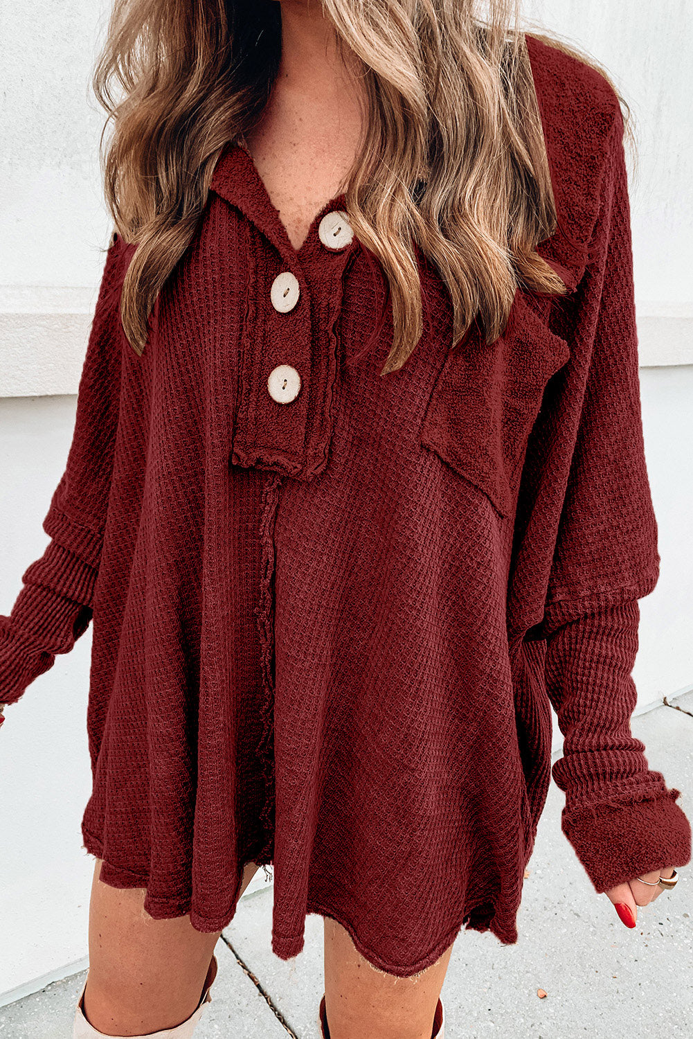 Waffle Knit Buttoned Long Sleeve Top with Breast Pocket - Wine / 2XL Wynter 4 All Seasons