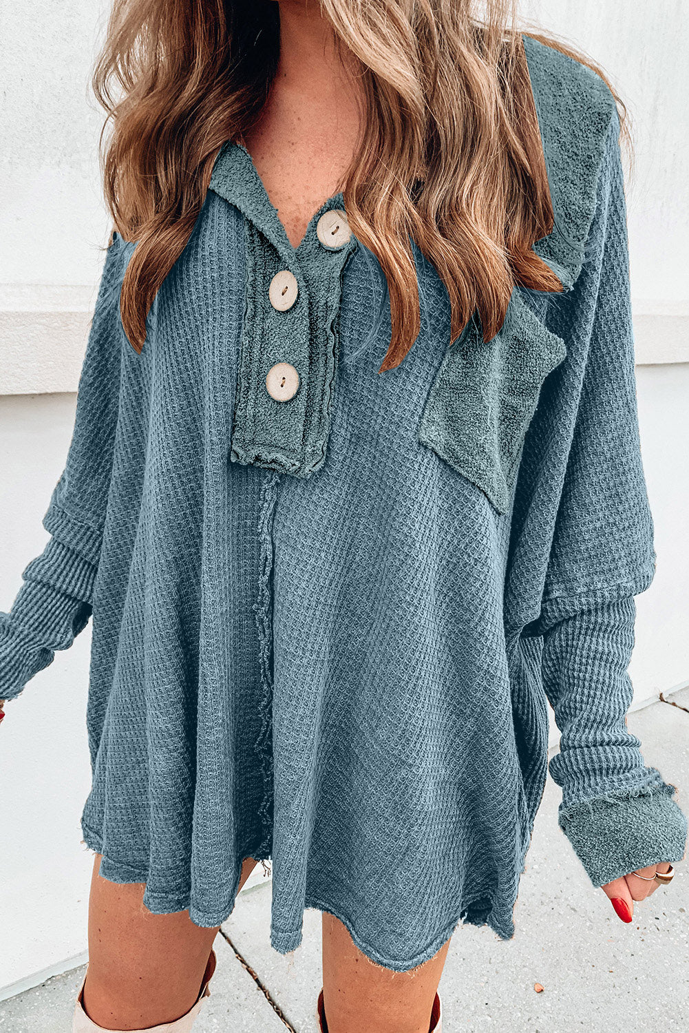 Waffle Knit Buttoned Long Sleeve Top with Breast Pocket - Dusty Blue / S Wynter 4 All Seasons