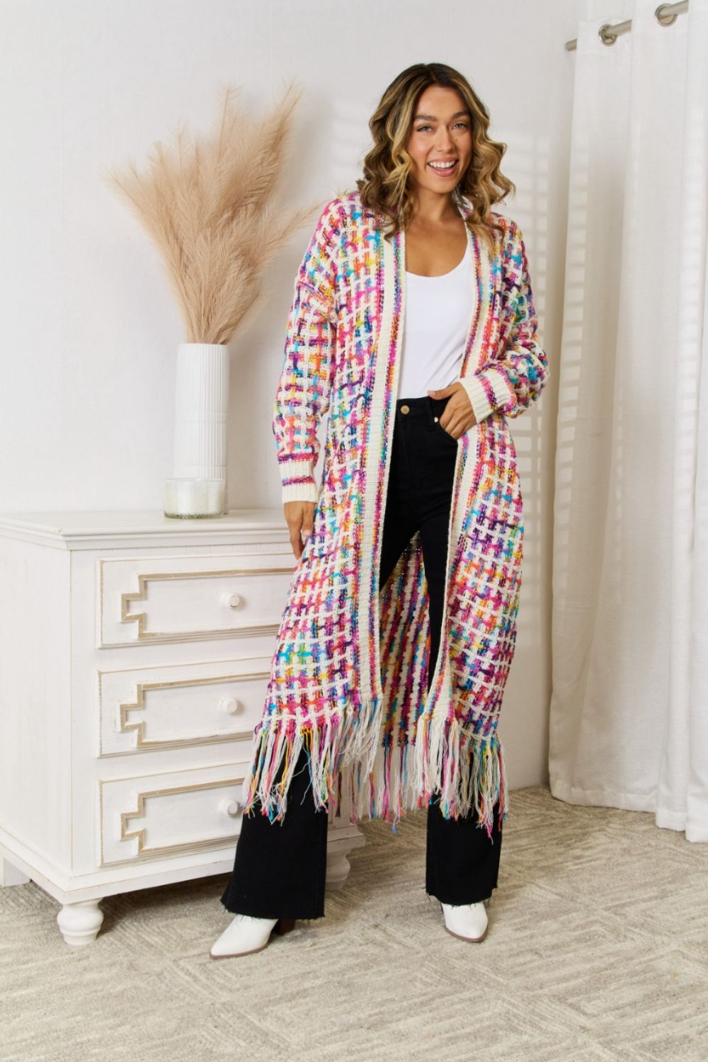 Multicolored Open Front Fringe Hem Cardigan - Red/White / 3XL Apparel & Accessories Wynter 4 All Seasons