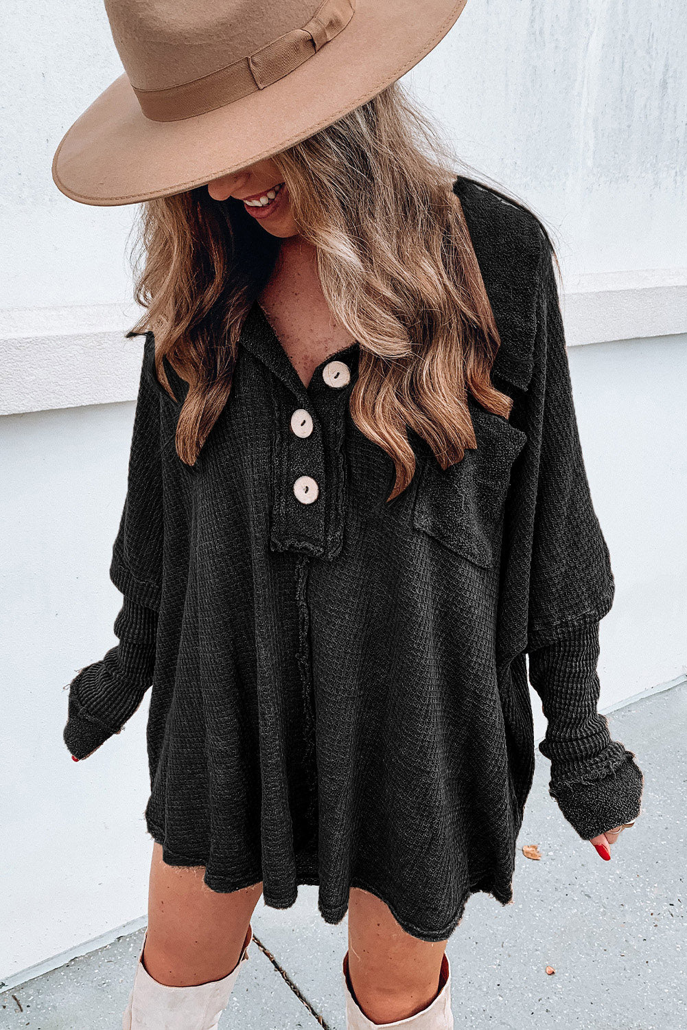 Waffle Knit Buttoned Long Sleeve Top with Breast Pocket - Black / 2XL Wynter 4 All Seasons