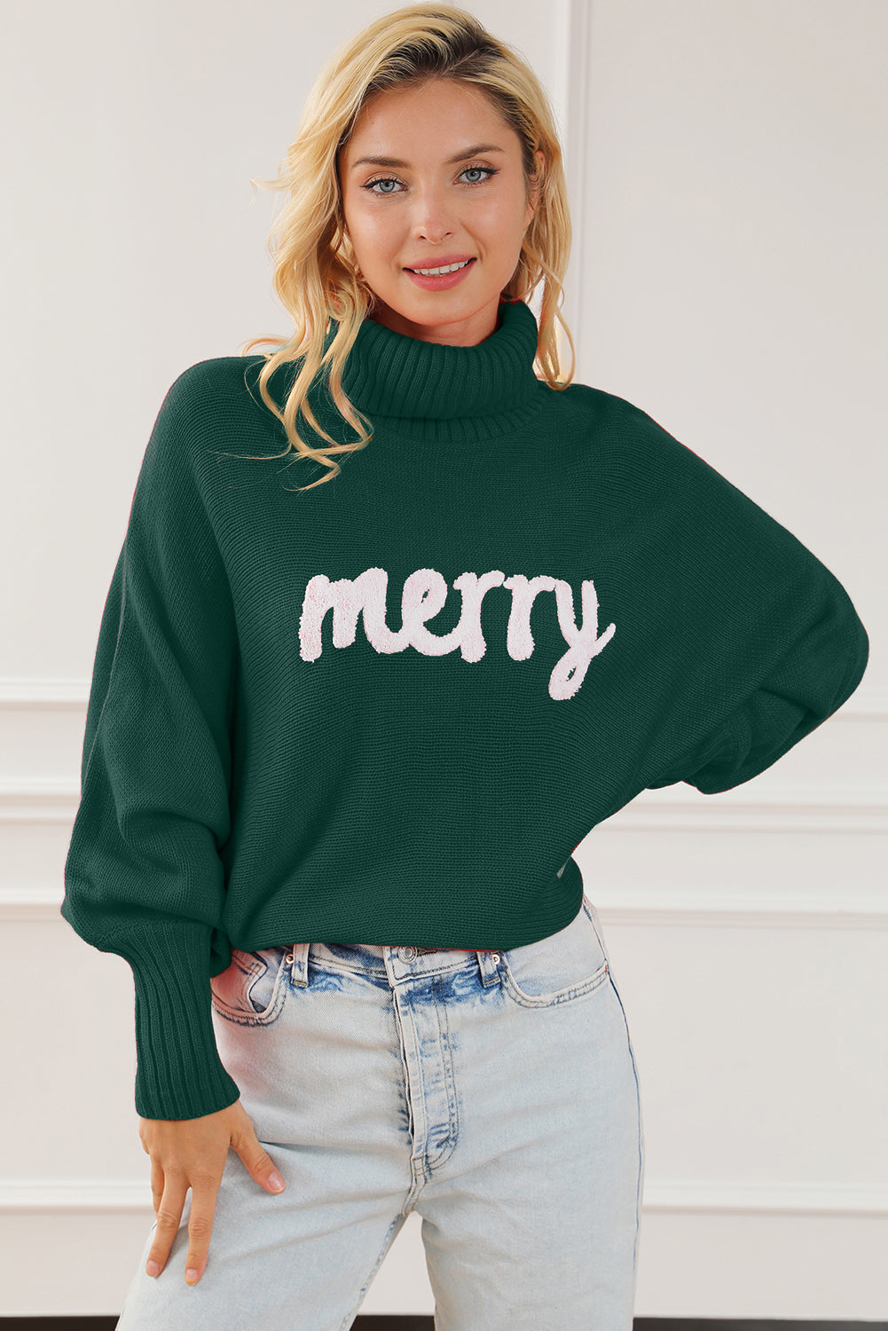 Merry Letter Embroidered High Neck Sweater - Green / M Wynter 4 All Seasons