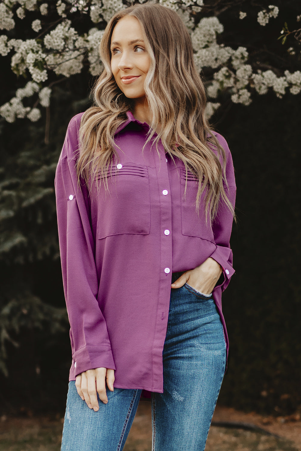 Button-Up Roll-Tab Sleeve Shirt - Purple / S Apparel & Accessories Wynter 4 All Seasons