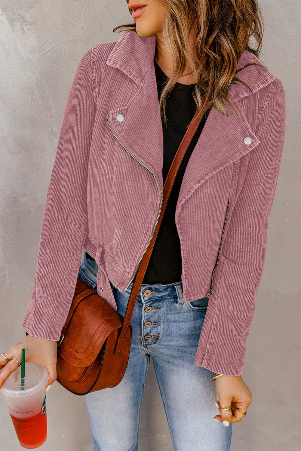 Belted Zip-Up Corduroy Jacket - Pink / XL Wynter 4 All Seasons