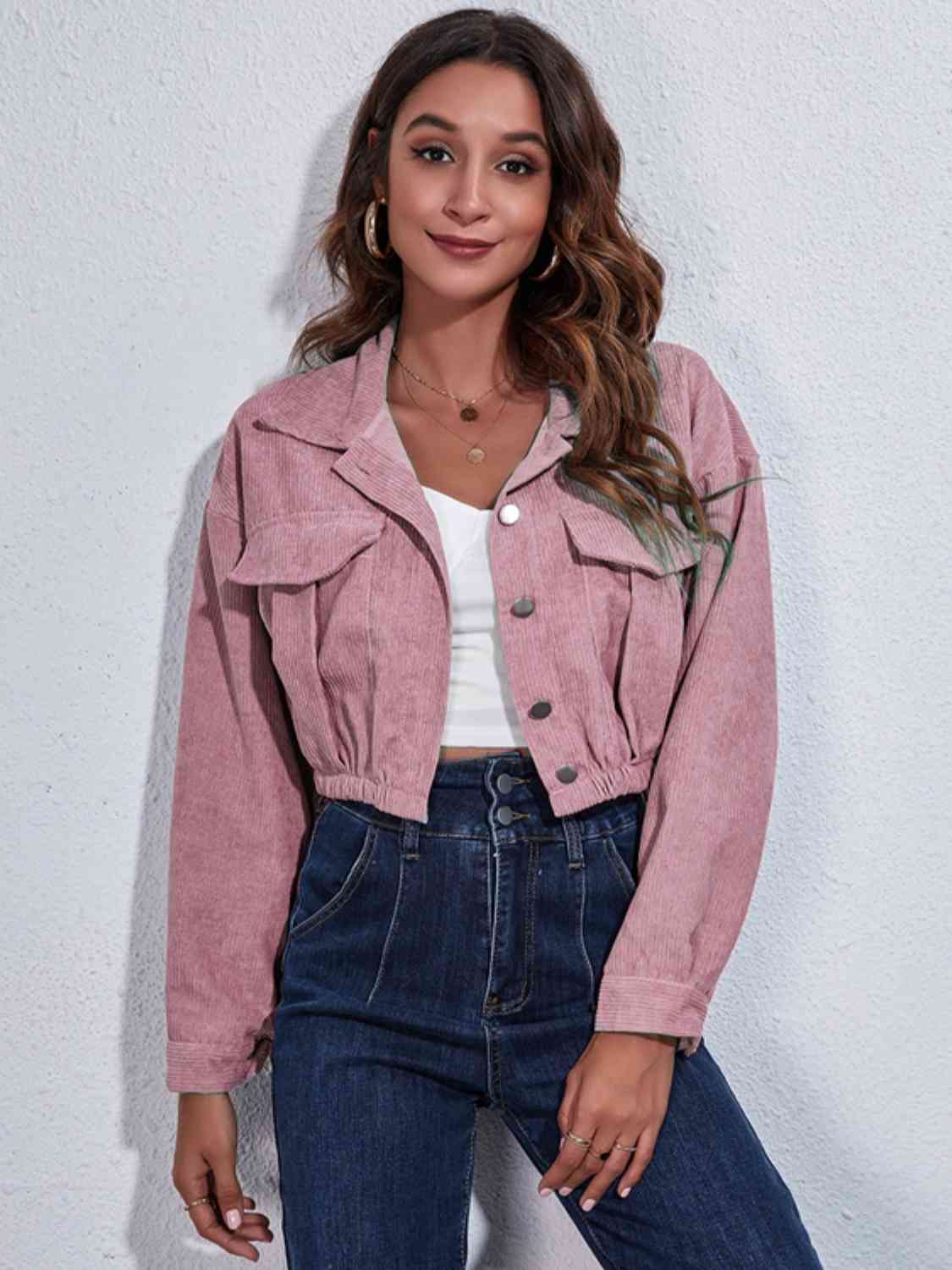 Collared Neck Dropped Shoulder Buttoned Jacket - Dusty Pink / S Wynter 4 All Seasons