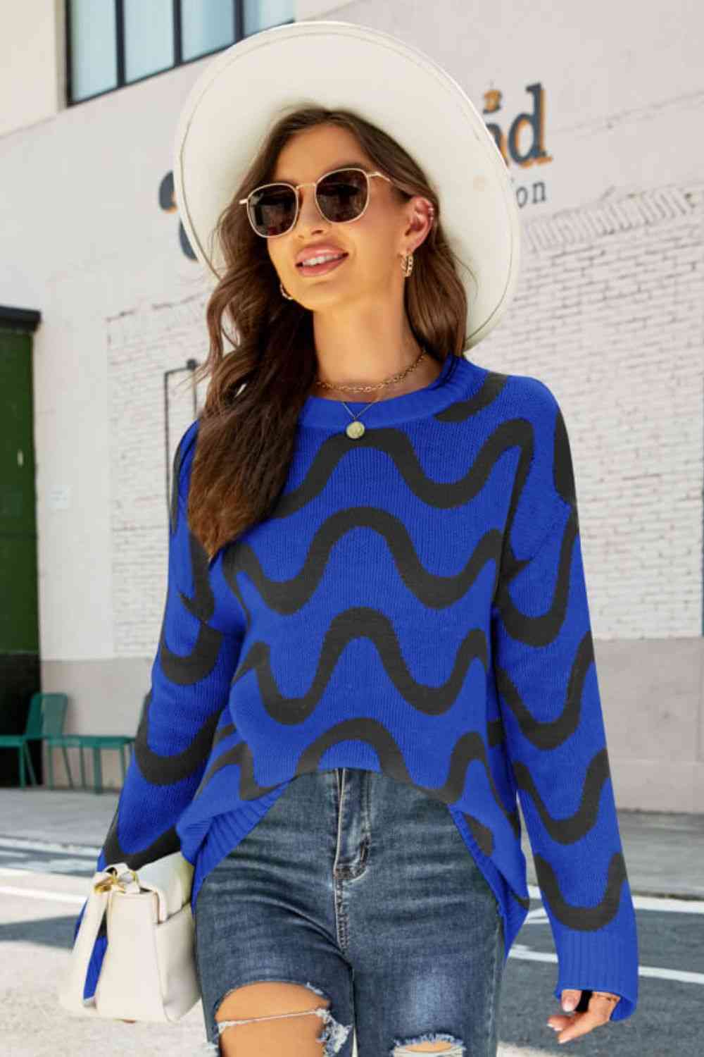 Wave Stripe Ribbed Trim Tunic Sweater - Black/Blue / S Wynter 4 All Seasons