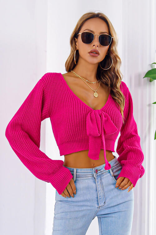 Bow V-Neck Long Sleeve Cropped Sweater - Deep Rose / S Wynter 4 All Seasons
