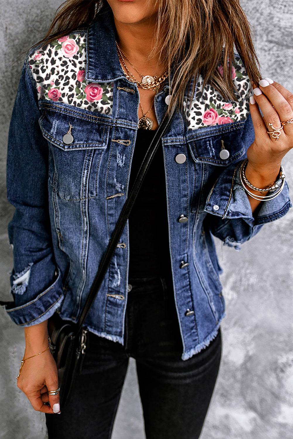 Mixed Print Distressed Button Front Denim Jacket - Floral/Denim / S Wynter 4 All Seasons