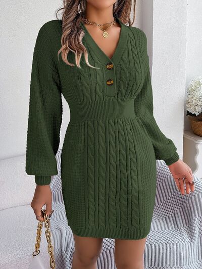 Buttoned Cable-Knit V-Neck Sweater Dress - Army Green / S Wynter 4 All Seasons
