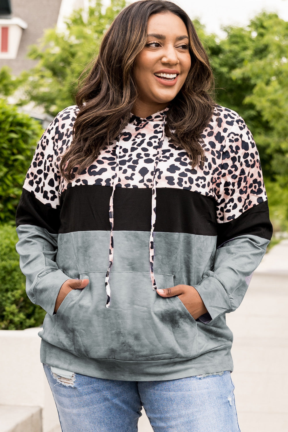 Plus Size Leopard Print Color Block Hoodie with Kangaroo Pocket - Gray / 1XL Apparel & Accessories Wynter 4 All Seasons