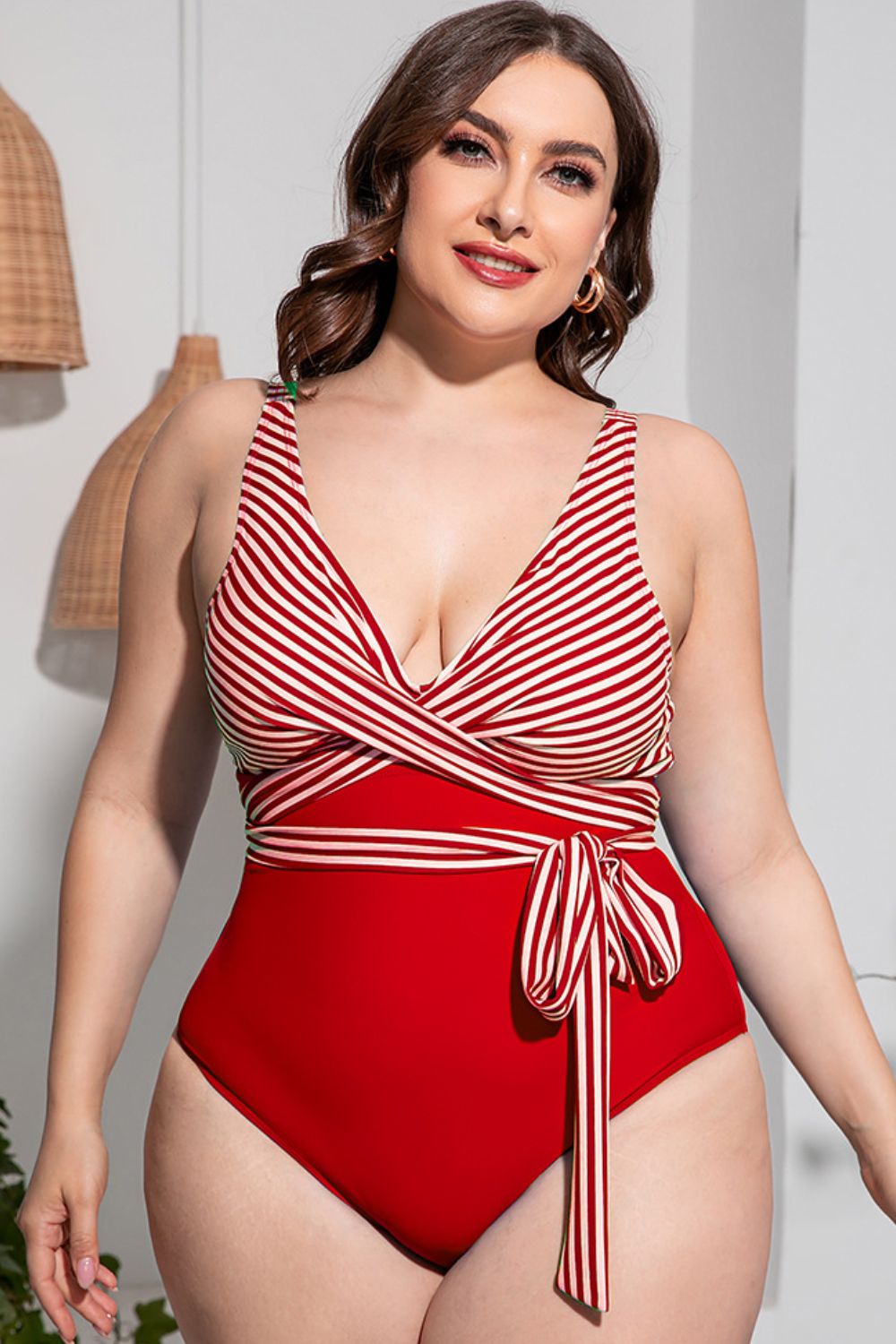 Plus Size Striped Tie-Waist One-Piece Swimsuit - Red / L Wynter 4 All Seasons