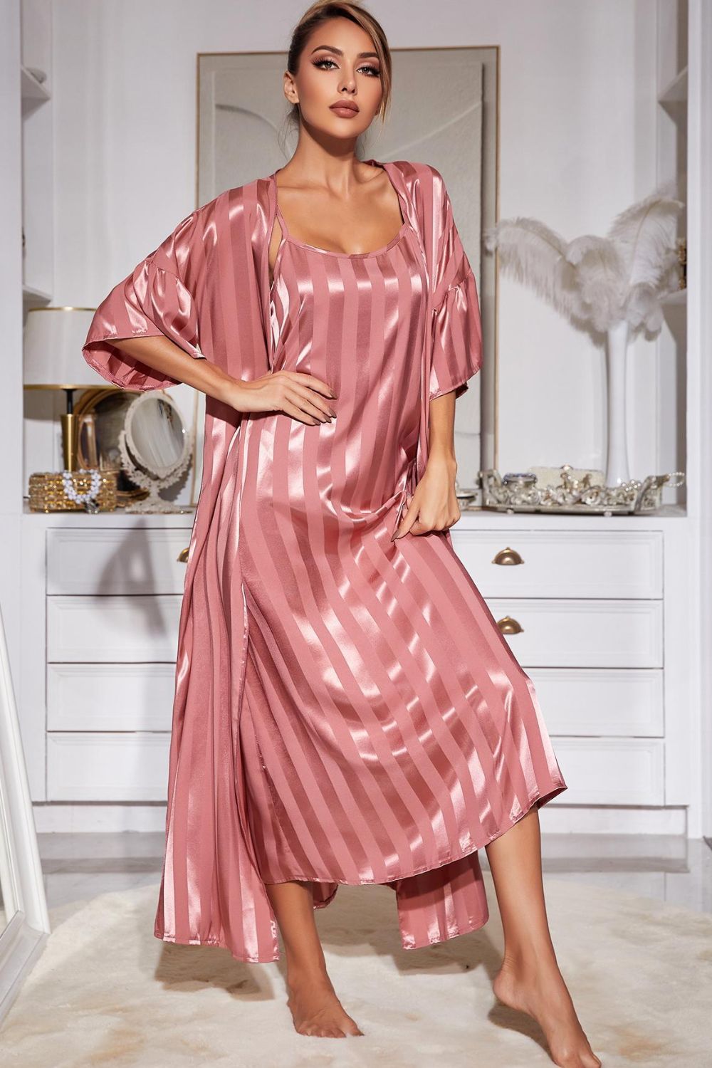 Striped Flounce Sleeve Open Front Robe and Cami Dress Set - Pink / S Apparel & Accessories Wynter 4 All Seasons