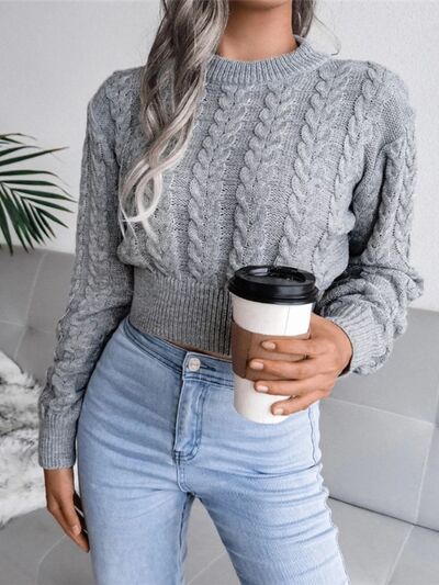 Cable-Knit Round Neck Cropped Sweater - Heather Gray / S Wynter 4 All Seasons