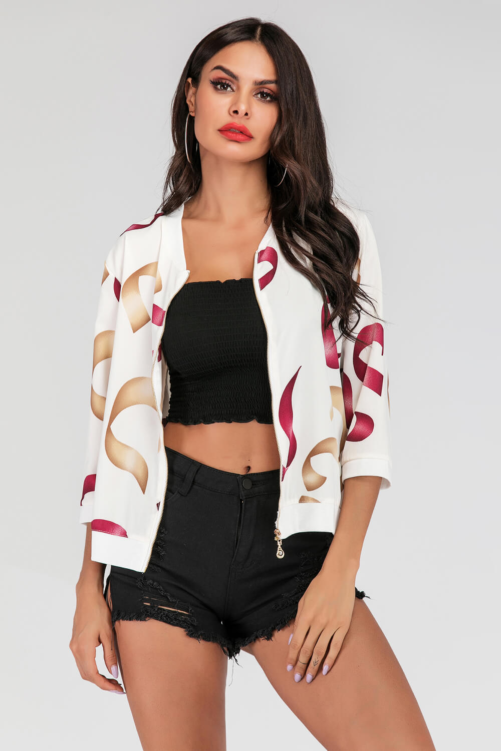 Printed Zip-Up Three-Quarter Sleeve Bomber Jacket - White / S Apparel & Accessories Wynter 4 All Seasons