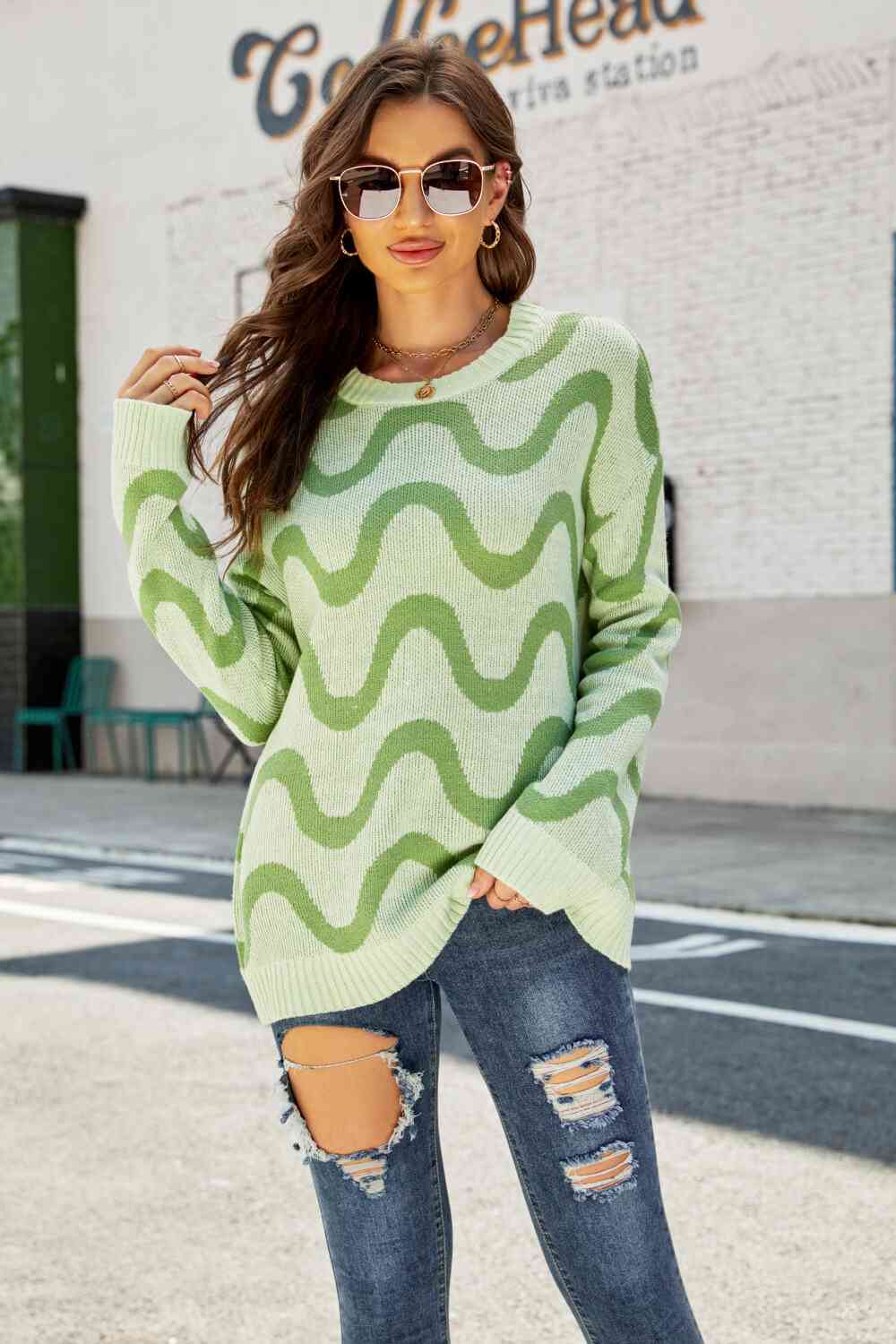 Wave Stripe Ribbed Trim Tunic Sweater - Green / S Wynter 4 All Seasons