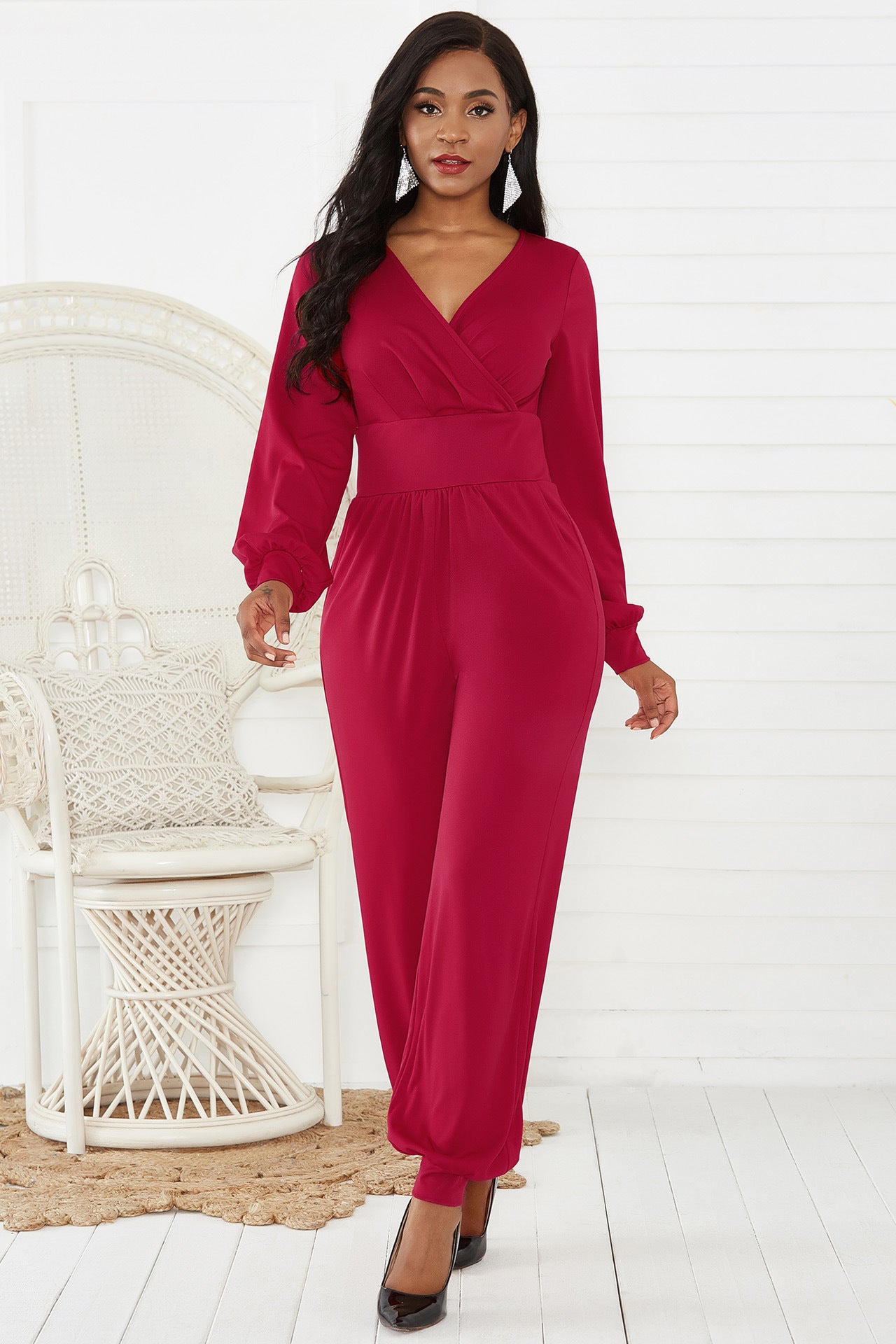 Gathered Detail Surplice Lantern Sleeve Jumpsuit - Red / S Jumpsuits & Rompers Wynter 4 All Seasons