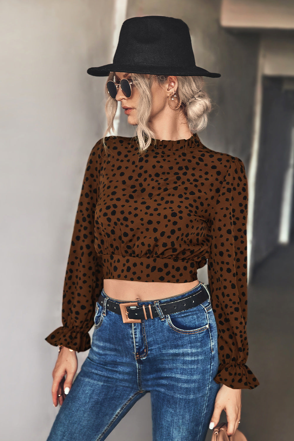Animal Print Tie-Back Cropped Blouse - Brown / S Apparel & Accessories Wynter 4 All Seasons