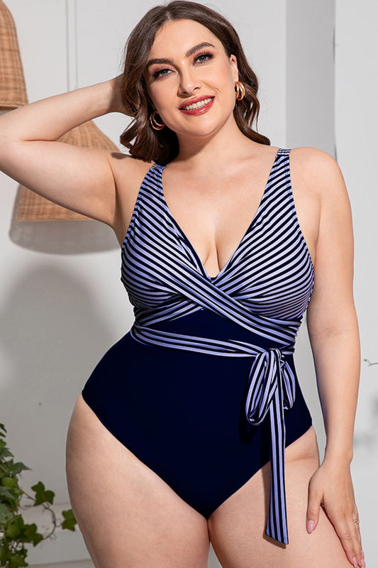 Plus Size Striped Tie-Waist One-Piece Swimsuit - Navy / L Wynter 4 All Seasons