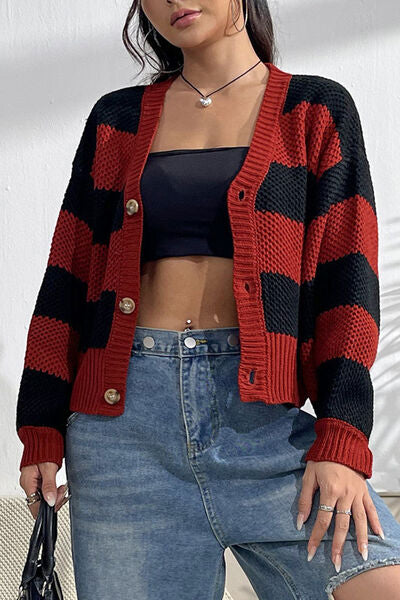 Striped Button Up Dropped Shoulder Cardigan - Deep Red / S Wynter 4 All Seasons