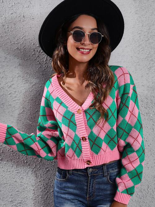 Geometric Button Up Long Sleeve Cardigan - Blush Pink / S Wynter 4 All Seasons