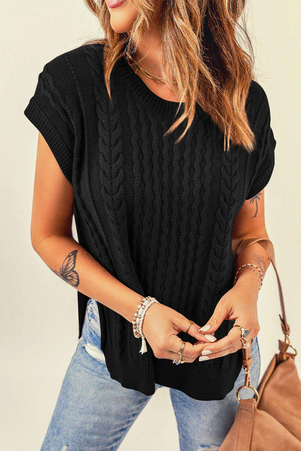 Cable-Knit Side Slit Sweater Vest - Black / S Girl Code