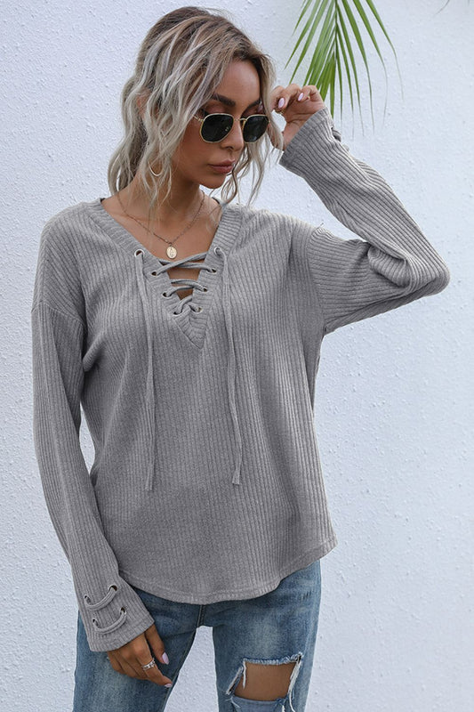 Lace-Up V-Neck Ribbed Top - Gray / S Wynter 4 All Seasons