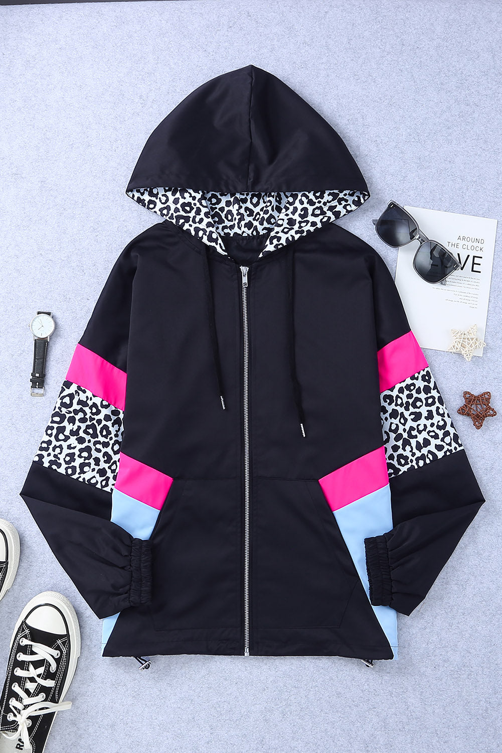 Leopard Color Block Zip-Up Hooded Jacket Trendsi
