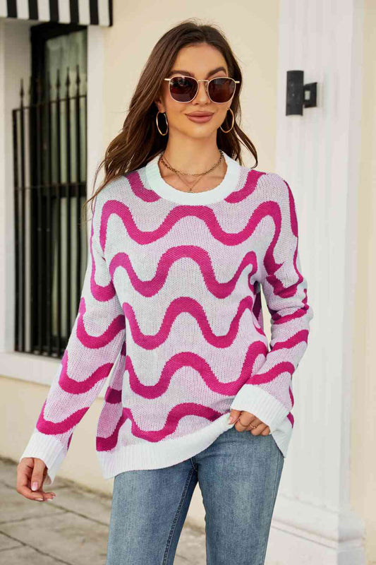 Wave Stripe Ribbed Trim Tunic Sweater - Pink / S Wynter 4 All Seasons