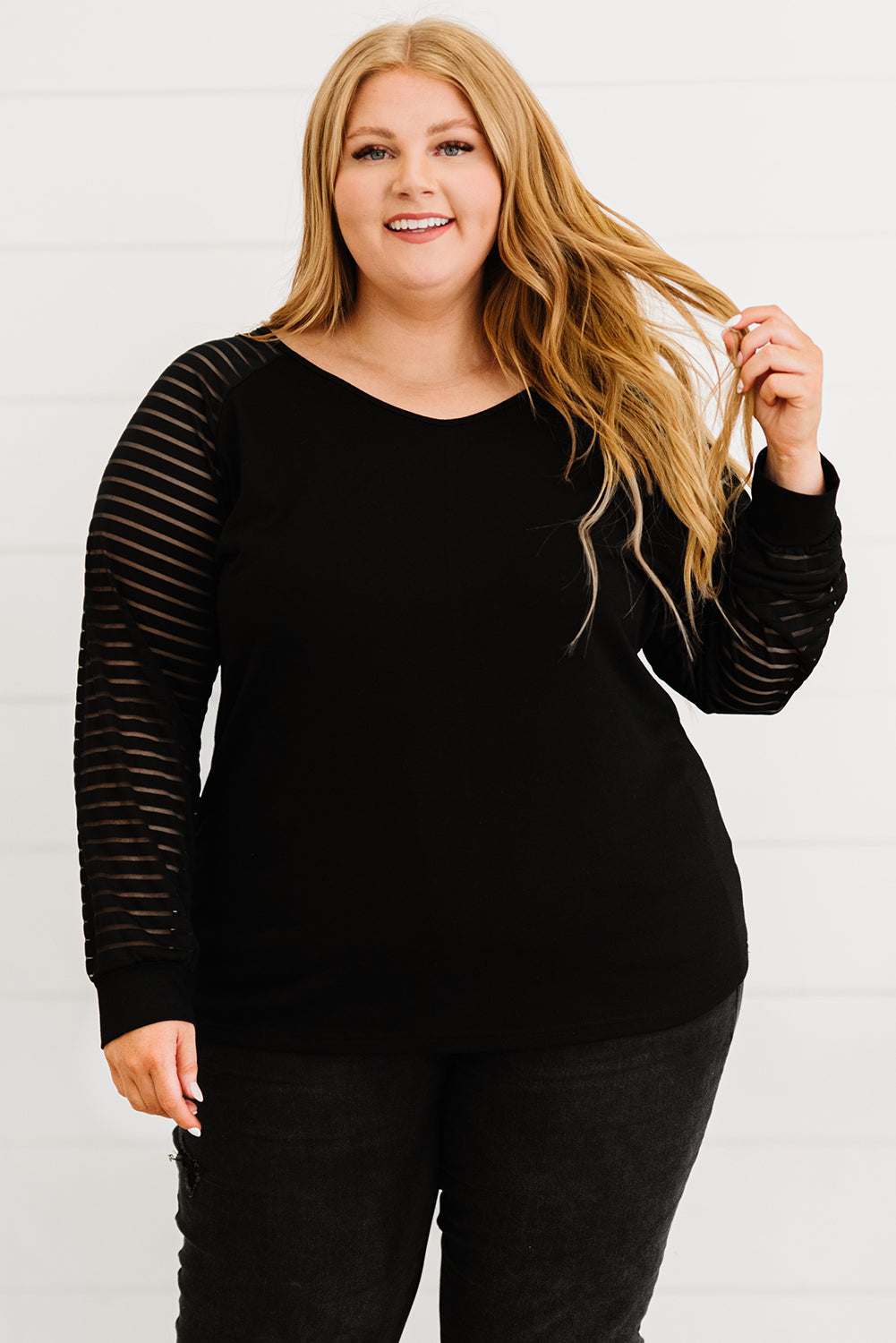 Sheer Striped Plus Size Sleeve V-Neck Top - Black / 1X Apparel & Accessories Wynter 4 All Seasons