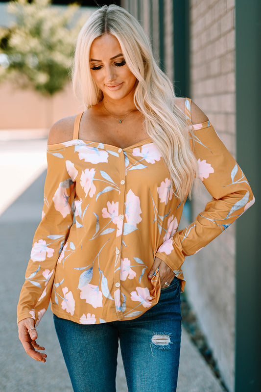 Floral Cold-Shoulder Long Sleeve Top - Yellow / S Apparel & Accessories Wynter 4 All Seasons