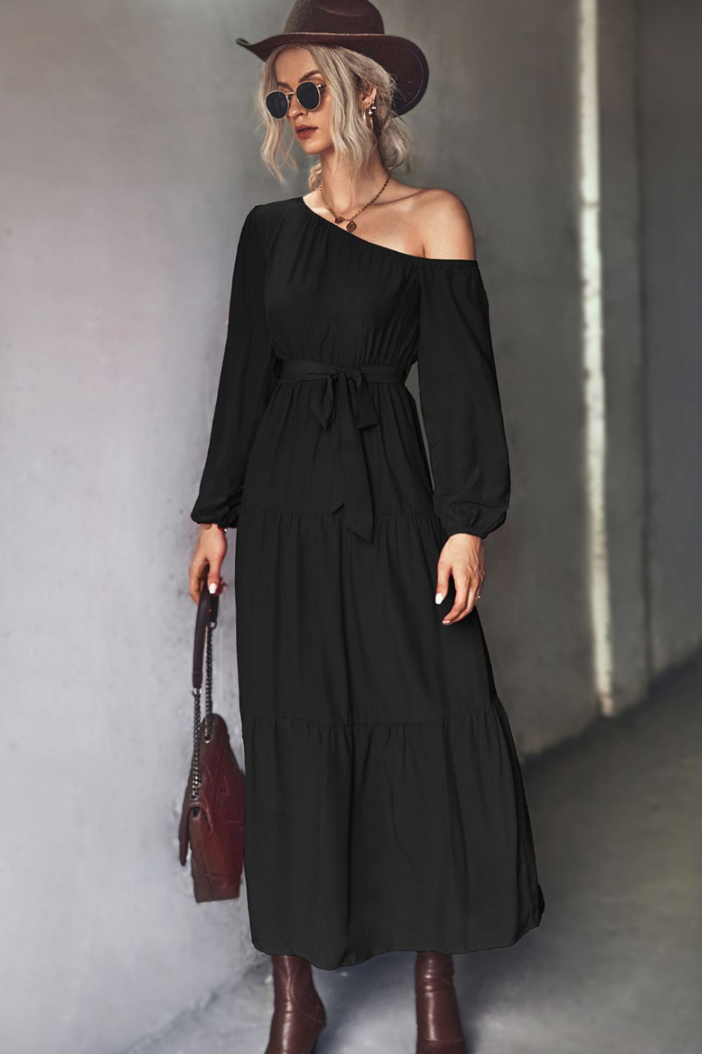 Belted One-Shoulder Tiered Maxi Dress - Black / S Apparel & Accessories Girl Code