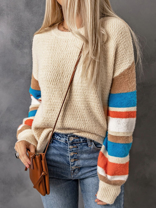 Striped Dropped Shoulder Crewneck Ribbed Trim Sweater - Apricot / S Apparel & Accessories Wynter 4 All Seasons