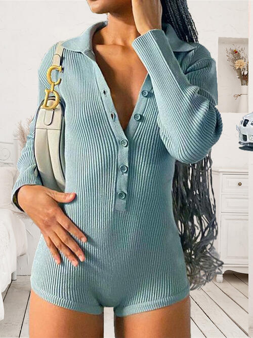 Ribbed Half Button Collared Neck Romper - Turquoise / S Wynter 4 All Seasons
