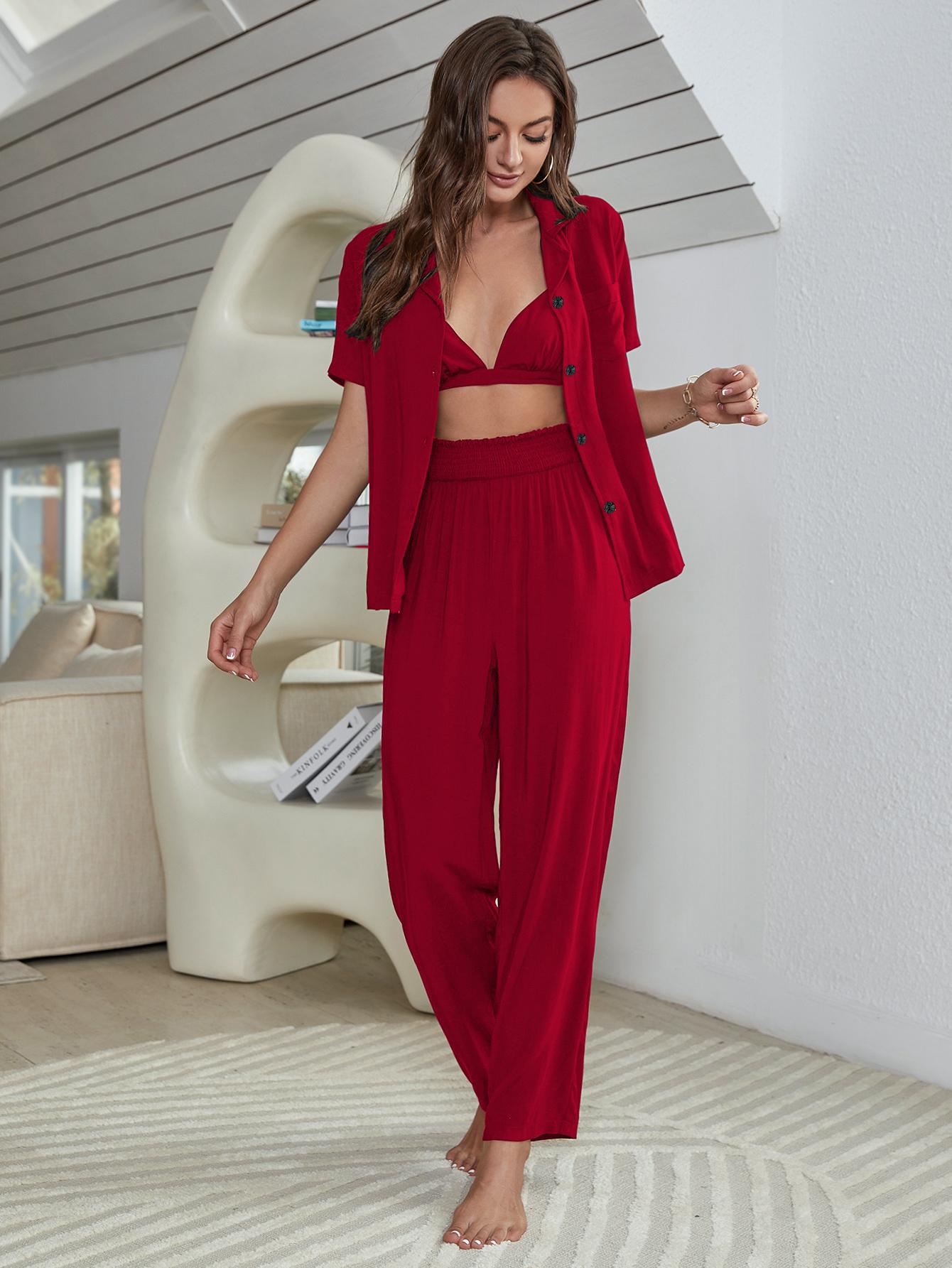Short Sleeve Shirt, Bralette, and Pants Lounge Set - Red / S Wynter 4 All Seasons