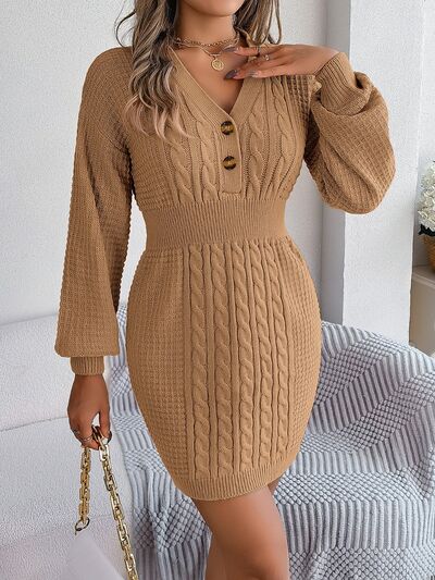 Buttoned Cable-Knit V-Neck Sweater Dress - Khaki / S Wynter 4 All Seasons