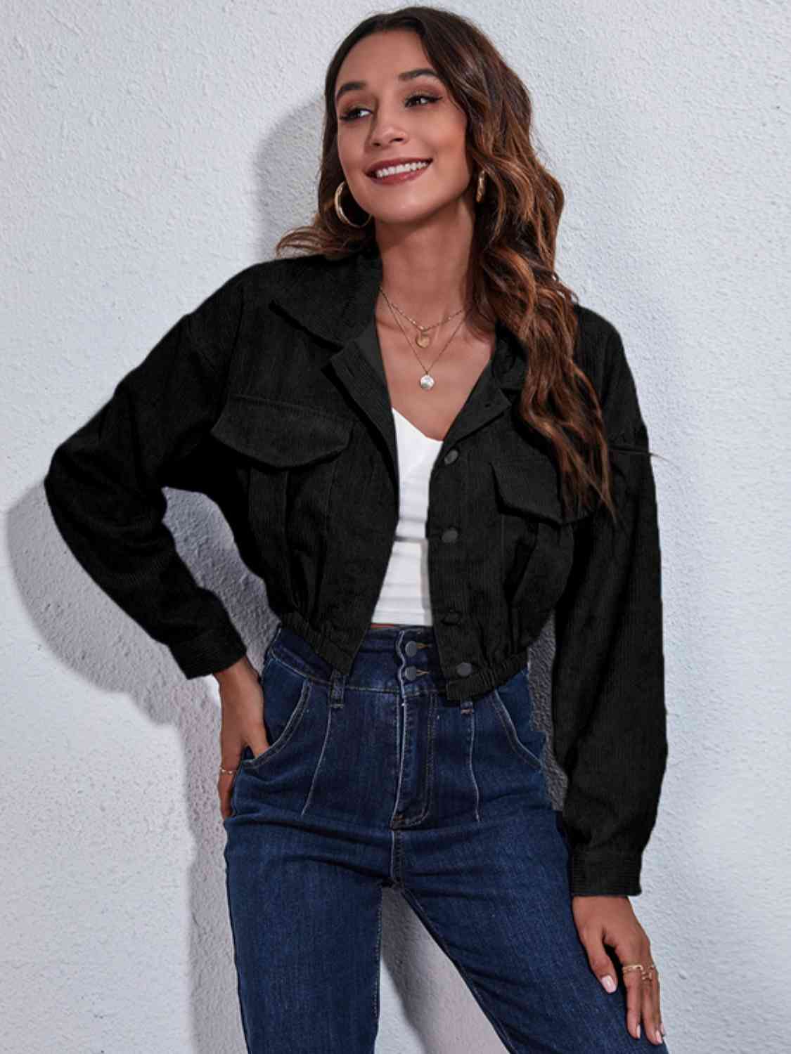 Collared Neck Dropped Shoulder Buttoned Jacket - Black / S Wynter 4 All Seasons
