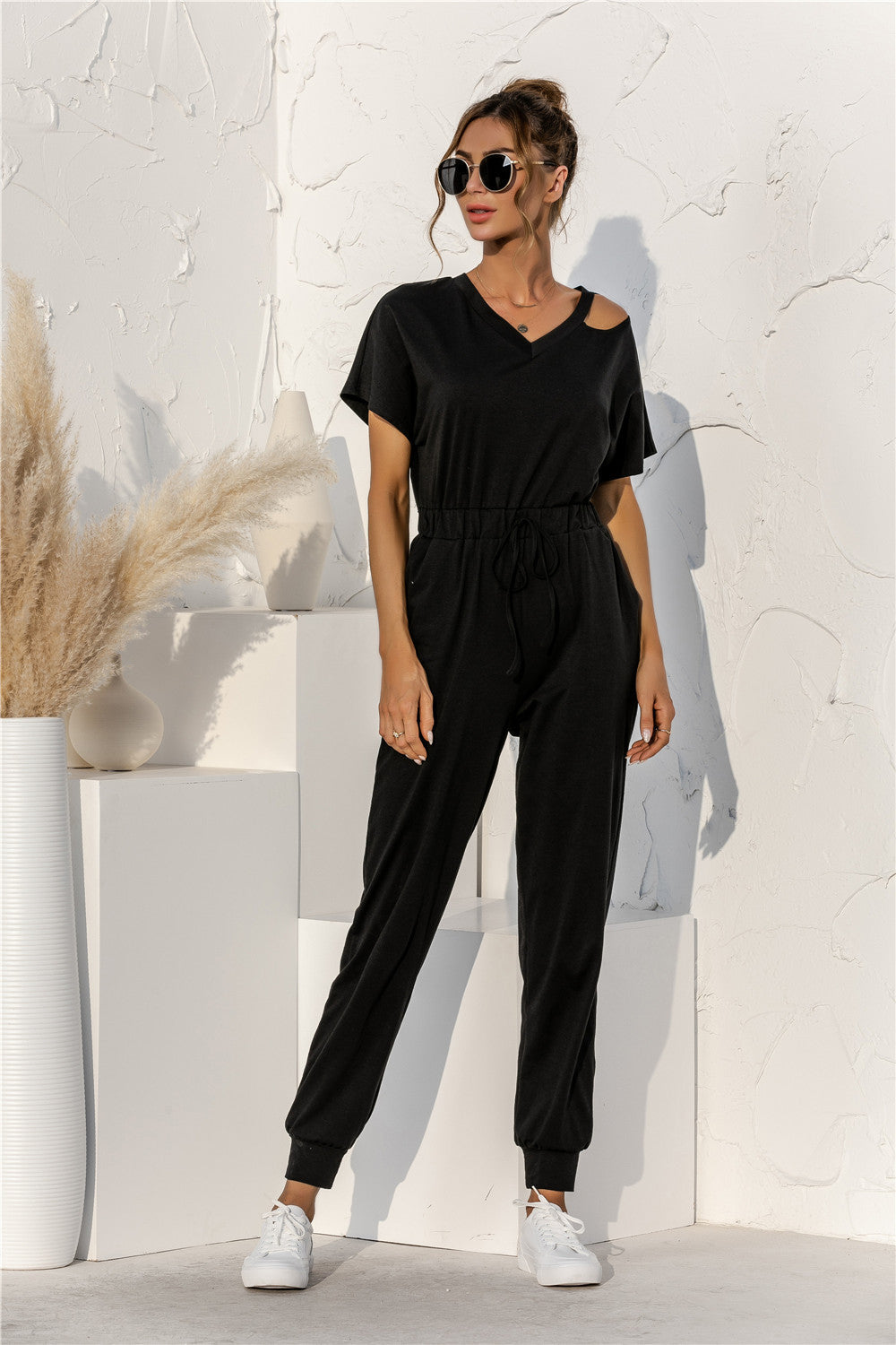 Cut Out V-neck Drawstring Jumpsuit - Black / S Apparel & Accessories Girl Code