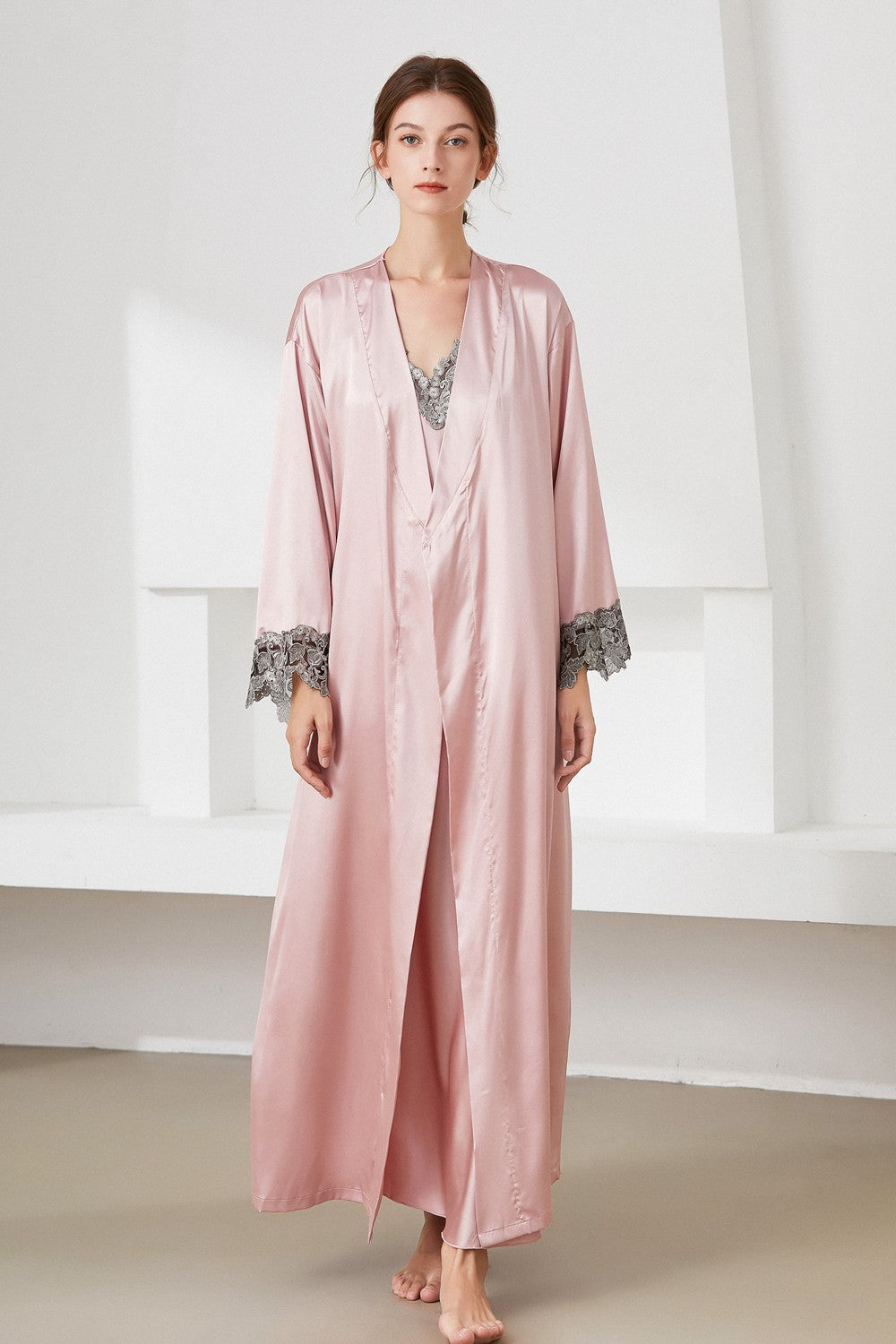 Contrast Lace Trim Satin Night Dress and Robe Set - Pink / M Wynter 4 All Seasons