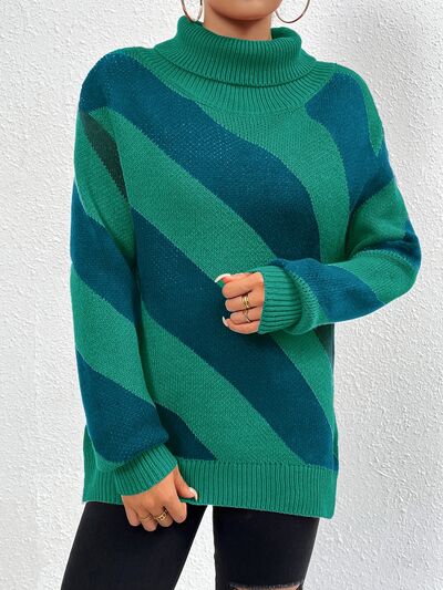 Striped Turtleneck Dropped Shoulder Sweater - Green / S Wynter 4 All Seasons