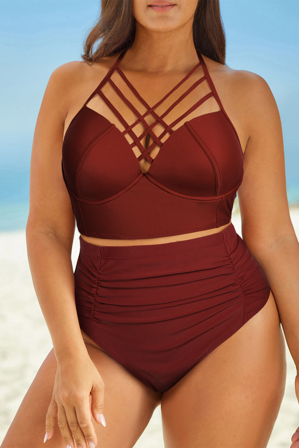 Halter Neck Crisscross Ruched Two-Piece Swimsuit - Brick Red / S Wynter 4 All Seasons
