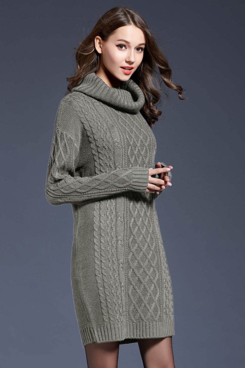 Full Size Mixed Knit Cowl Neck Dropped Shoulder Sweater Dress Trendsi