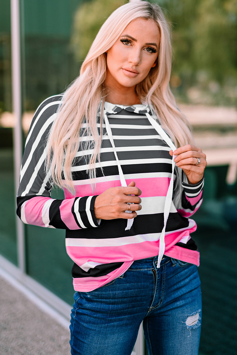 Striped Drawstring Detail Long Sleeve Hoodie - Pink / S Apparel & Accessories Wynter 4 All Seasons