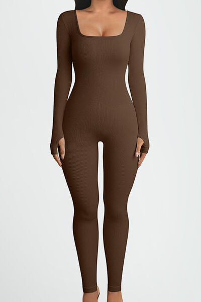 Square Neck Long Sleeve Active Jumpsuit - Chocolate / S Wynter 4 All Seasons