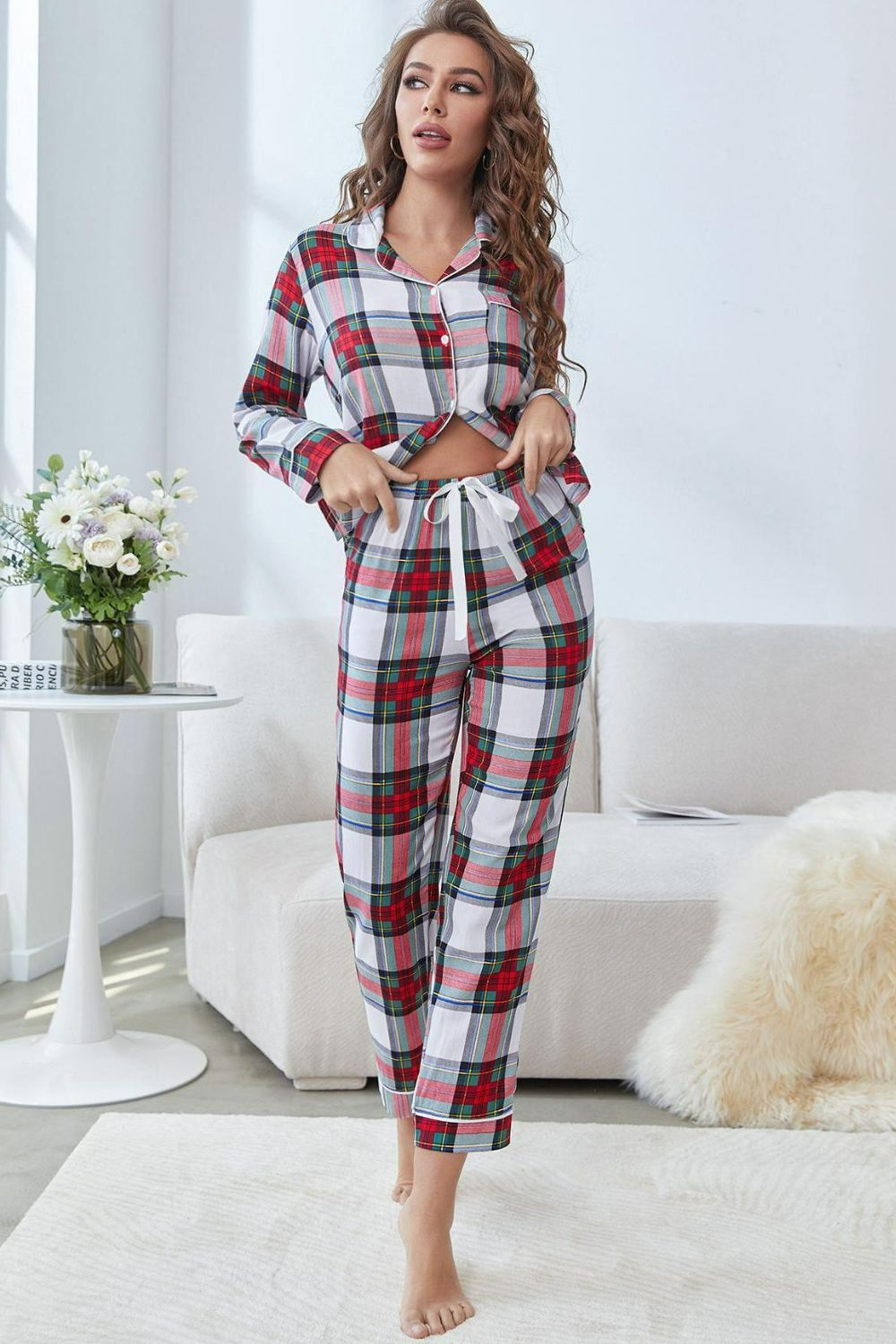 Plaid Button Front Top and Pants Lounge Set - Plaid / XS Wynter 4 All Seasons
