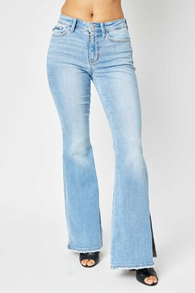Judy Blue Full Size Mid Rise Raw Hem Slit Flare Jeans - Medium / 1(25) Wynter 4 All Seasons