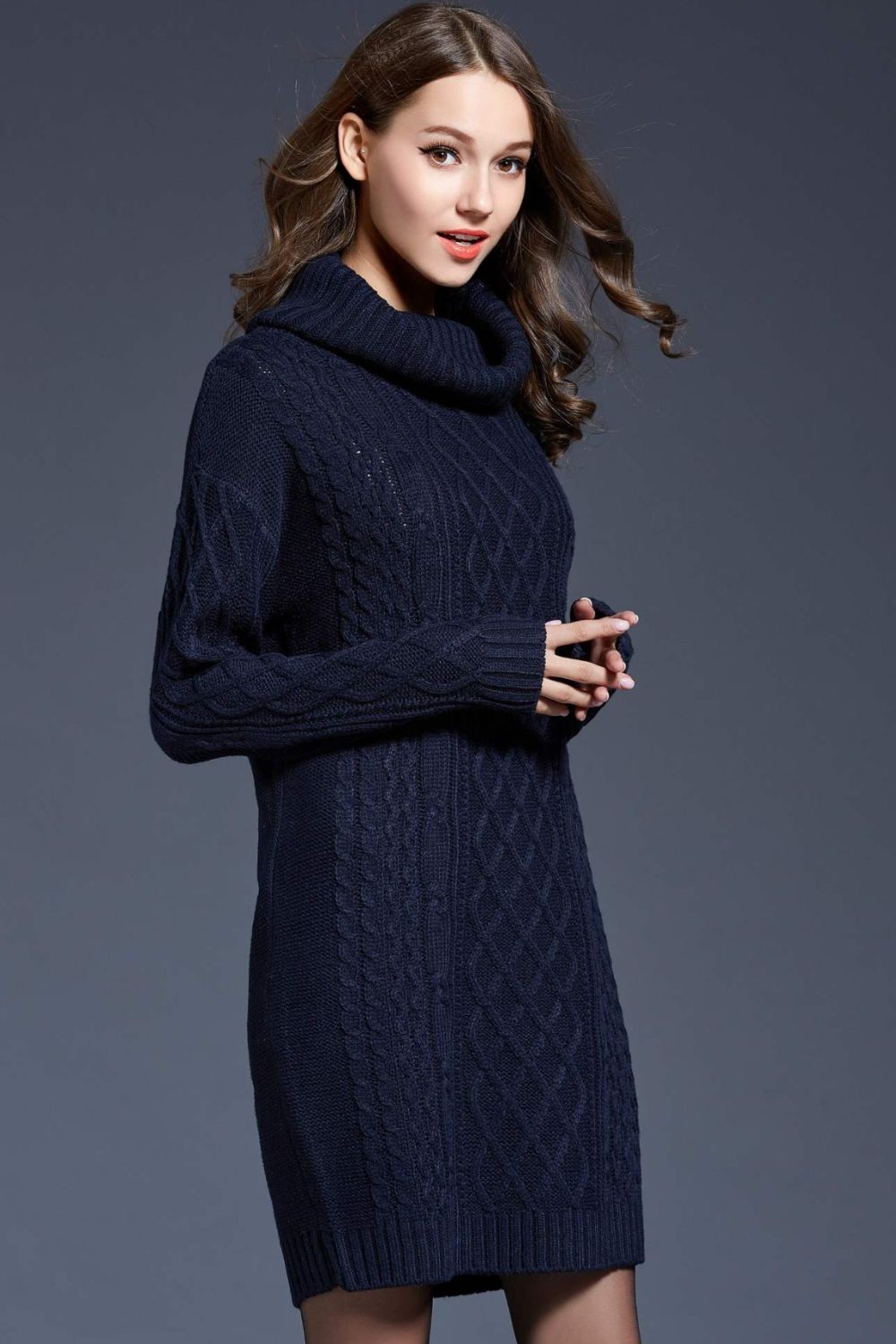Full Size Mixed Knit Cowl Neck Dropped Shoulder Sweater Dress Trendsi