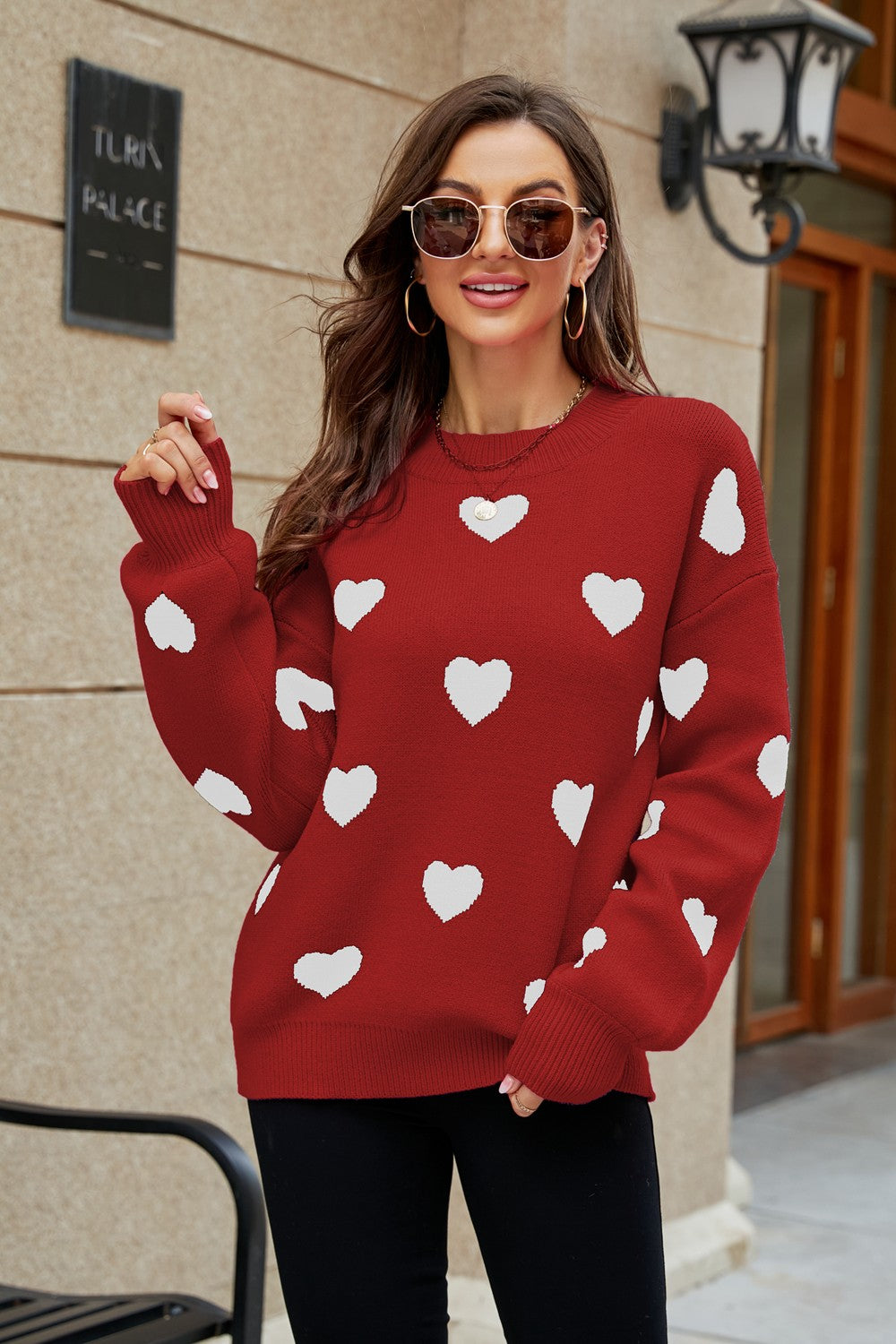 Heart Pattern Lantern Sleeve Round Neck Tunic Sweater - Red / S Apparel & Accessories Wynter 4 All Seasons
